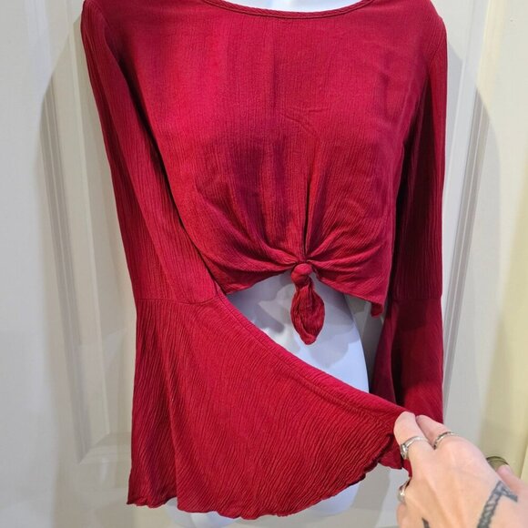 Red Flare Sleeve Crop Top ✦ Windsor Tie-Front Textured Boho Style ✦ Made in USA - Picture 6 of 13